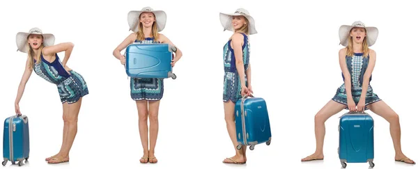 Collage of woman preparing for summer vacation isolated on white — Stock Photo, Image