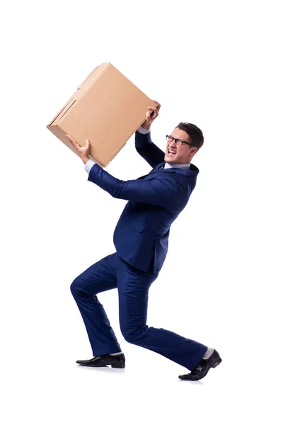 Businessman lifting box isolated on white — Stock Photo, Image