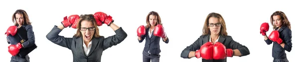 Jovem com luvas de boxe isolado em branco — Fotografia de Stock