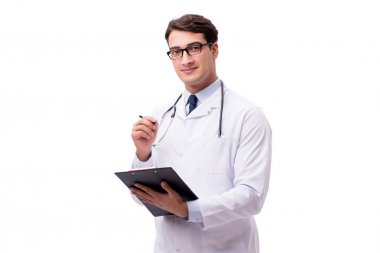 Beyaz arka planda izole genç doktor