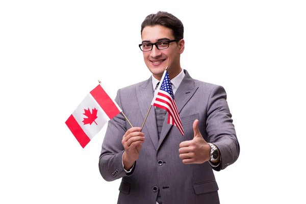 Jonge zakenman met vlag geïsoleerd op wit — Stockfoto