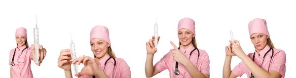 Kobieta lekarz ze strzykawką na białym — Zdjęcie stockowe