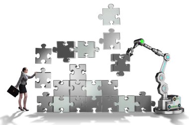 Jigsaw bulmaca robotik kol ile iş kadını