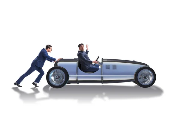 Businessman samochód pchania w koncepcji pracy zespołowej — Zdjęcie stockowe