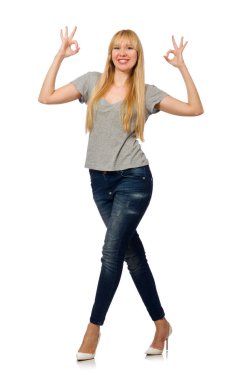 Beyaz arka planda izole edilmiş güzel bir kadın modeli.