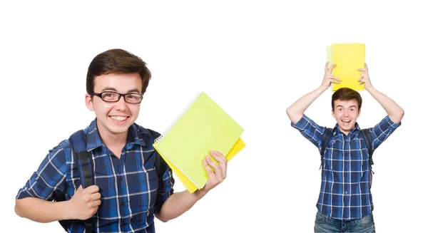 Jovem estudante com livro sobre branco — Fotografia de Stock