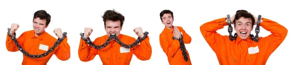 Молодой заключенный с изолированными на белом цепями — стоковое фото