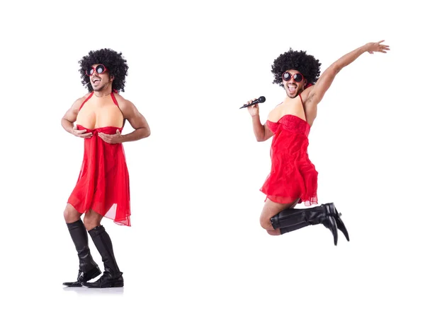 Man in female clothing singing with mic — Stock Photo, Image