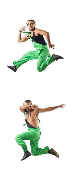 Építőmunkás jumping és a tánc — Stock Fotó