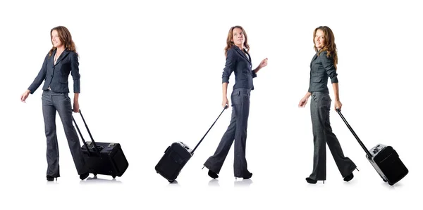 Donna d'affari con valigia su bianco — Foto Stock