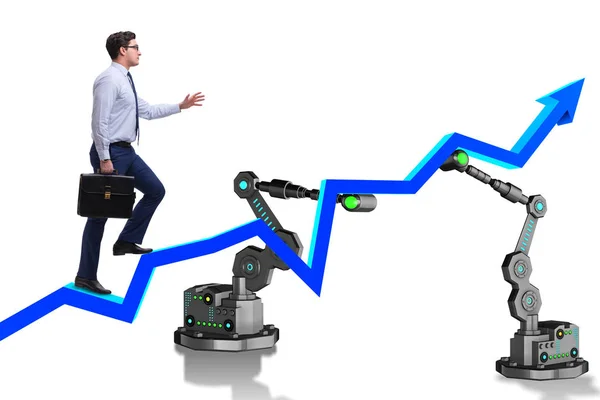 Бизнесмен поднимается по графику при поддержке робота — стоковое фото