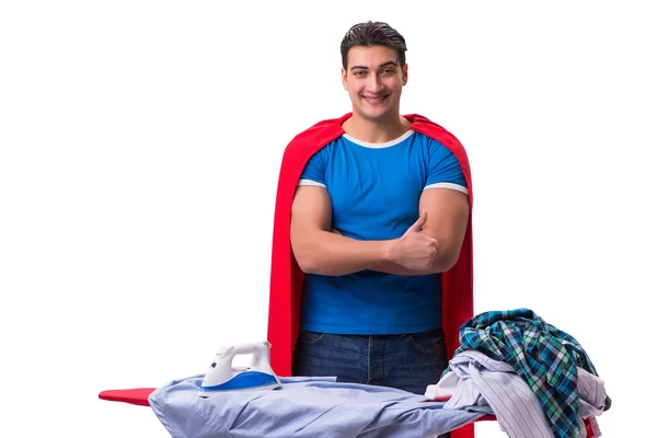 Super bohater człowiek mąż prasowanie izolowane na biały — Zdjęcie stockowe