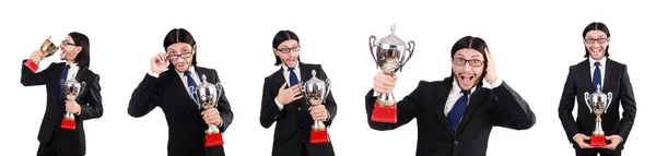 Geschäftsmann mit Siegerpokal ausgezeichnet — Stockfoto