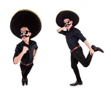 Meksika şapkası takan komik bir adam beyaz şapkalı.