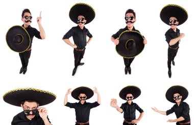 Meksika şapkası takan komik bir adam beyaz şapkalı.