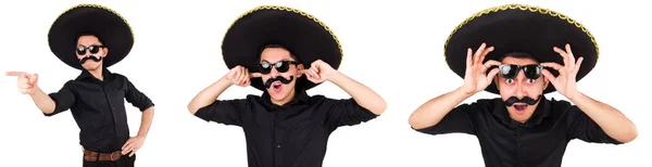 Hombre divertido con sombrero mexicano sombrero aislado en blanco — Foto de Stock