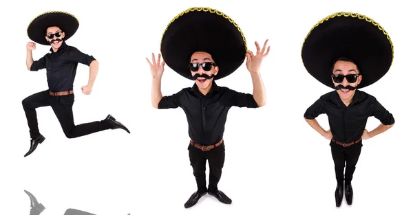 Hombre divertido con sombrero mexicano sombrero aislado en blanco — Foto de Stock