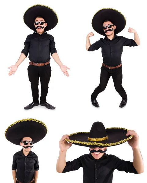 Hombre divertido con sombrero mexicano sombrero aislado en blanco — Foto de Stock