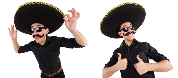 Homme drôle portant chapeau sombrero mexicain isolé sur blanc — Photo