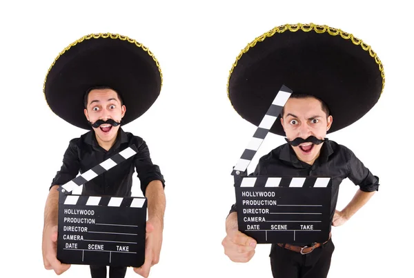 Homem engraçado usando chapéu sombrero mexicano isolado em branco — Fotografia de Stock