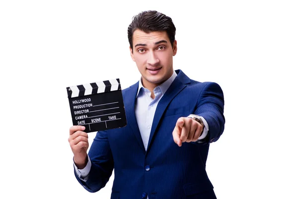 Handsome man with movie clapper isolated on white — Stock Photo, Image