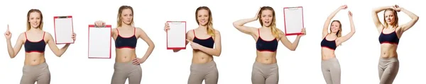 Young woman with notepad on white — Stock Photo, Image