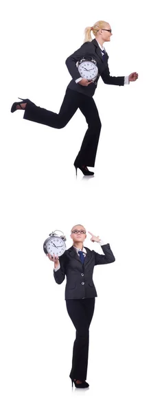 Woman with giant clock on white — Stock Photo, Image