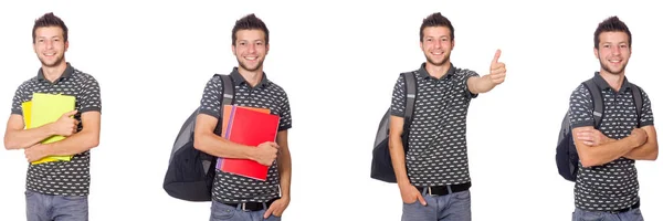 Junge Studentin mit Buch und Rucksack auf weiß — Stockfoto