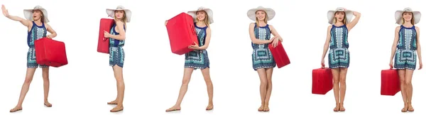 Collage de mujer que se prepara para las vacaciones de verano aislado en blanco — Foto de Stock