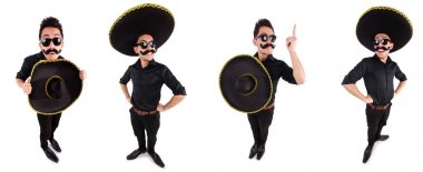 Meksika şapkası takan komik bir adam beyaz şapkalı.