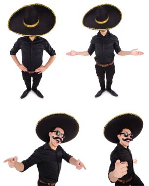 Meksika şapkası takan komik bir adam beyaz şapkalı.