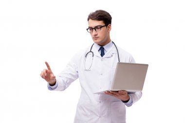 Doktor beyaz arka plan üzerinde izole dizüstü bilgisayar ile