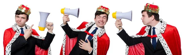 Man with crown and megaphone isolated on white — Stock Photo, Image