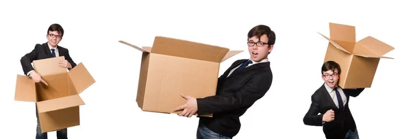 Hombre divertido con cajas aisladas en blanco — Foto de Stock