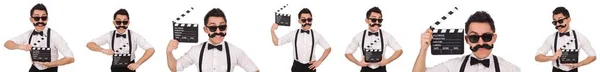 Whiskered homem com clapperboard segurando isolado em branco — Fotografia de Stock