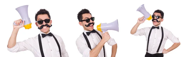 Hombre emocional con altavoz aislado en blanco —  Fotos de Stock