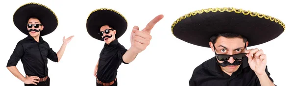 Hombre divertido con sombrero mexicano sombrero aislado en blanco —  Fotos de Stock