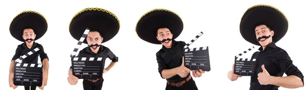 Funny man wearing mexican sombrero hat isolated on white — Stock Photo, Image