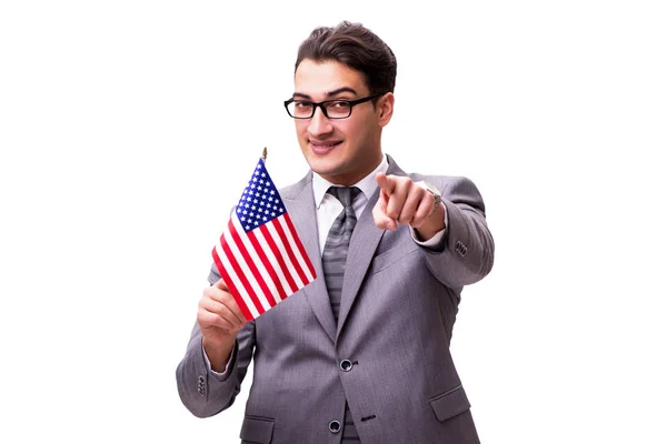 Молодий бізнесмен з прапором ізольований на білому — стокове фото