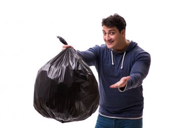 Man with garbage sack isolated on white clipart