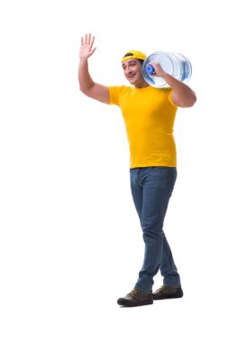 Beyazlar üzerinde izole edilmiş su şişesi taşıyan adam.