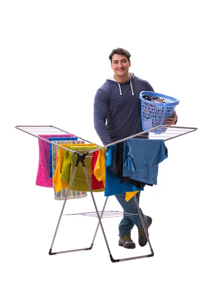 Husband man doing laundry isolated on white — Stock Photo, Image