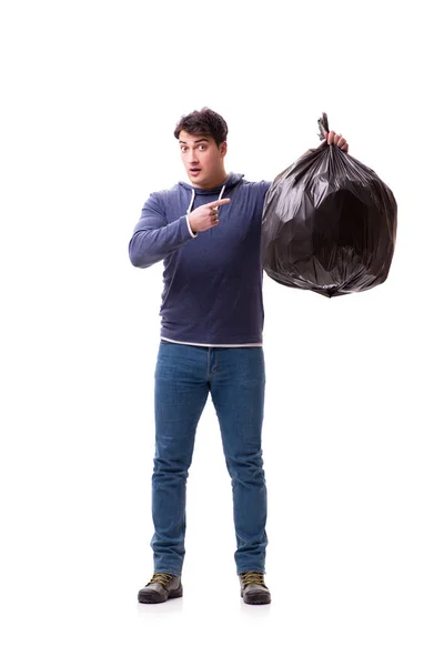 Hombre con saco de basura aislado en blanco —  Fotos de Stock