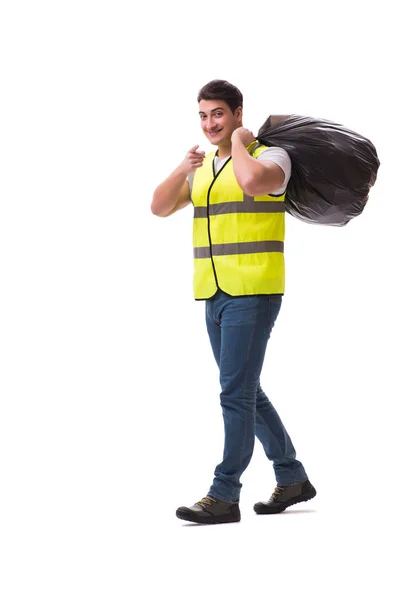 Hombre con saco de basura aislado en blanco — Foto de Stock