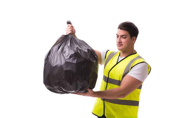 Man with garbage sack isolated on white — Stock Photo, Image