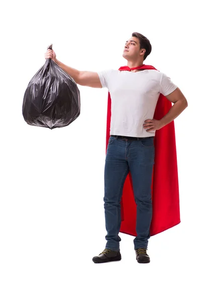 Superhéroe hombre con saco de basura aislado en blanco — Foto de Stock