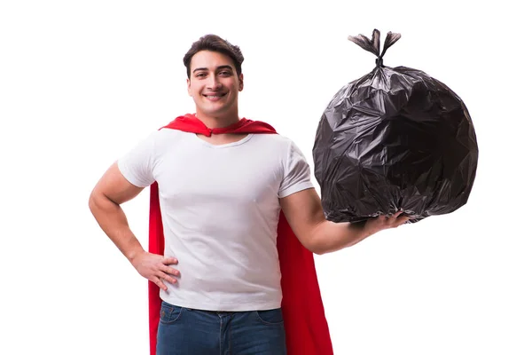 Superhéroe hombre con saco de basura aislado en blanco —  Fotos de Stock