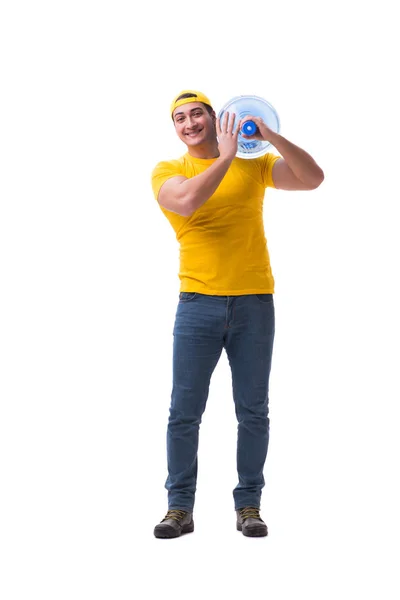 Homme livrant bouteille d'eau isolé sur blanc — Photo