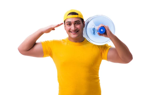 Uomo consegna bottiglia d'acqua isolata su bianco — Foto Stock