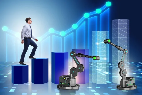 Businessman walking up the chart supported by robotic arm — Stock Photo, Image